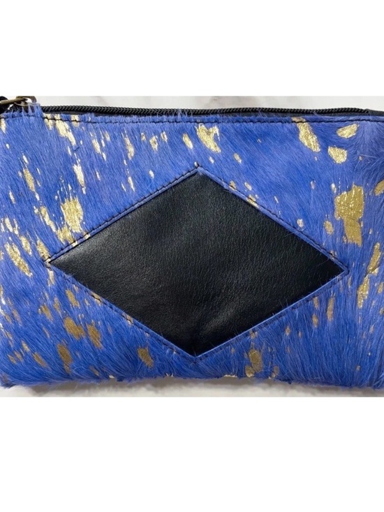 Handbags - NEW Leather Hair-On Hide Wristlet Clutch Blue Gold Foil Leather Tassel Western